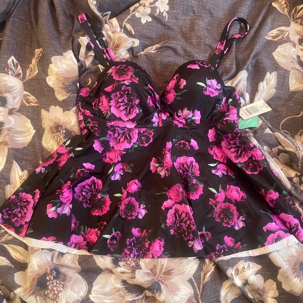 Torrid Black and purple Floral swim suit top